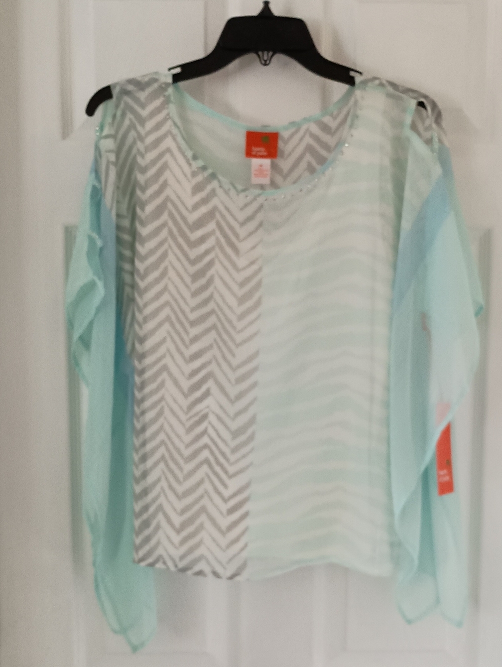Hearts Of Palm M  Mint Chevron-Panel Cold Shoulder Blouse with Attached Tank Top
